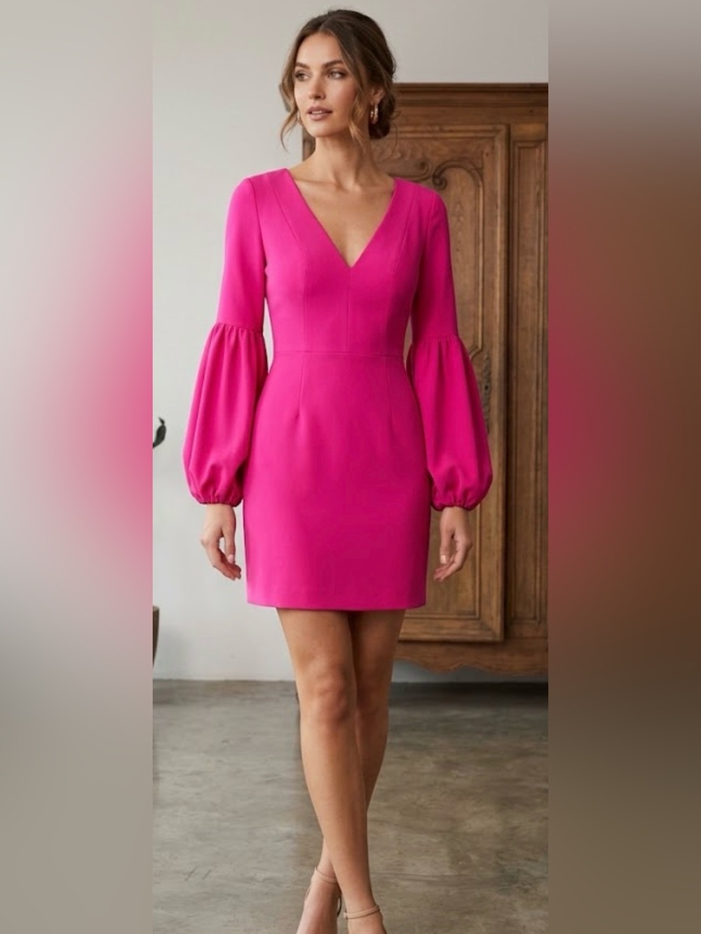 Anthropologie HUTCH Magenta Pink V-Neck Balloon Sleeve Mini Dress